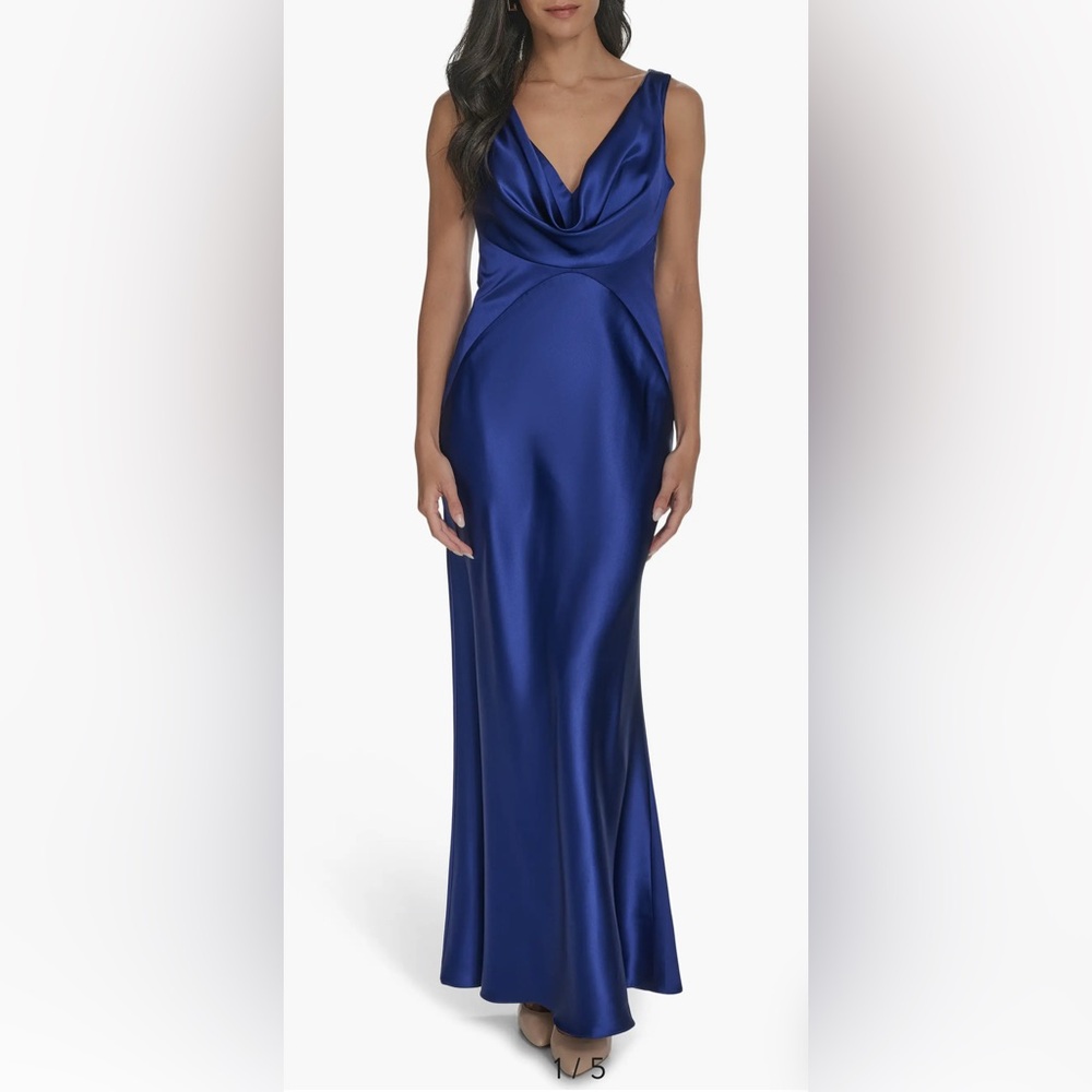 Vince Camuto Royal Blue Satin Maxi Dress Draped neck